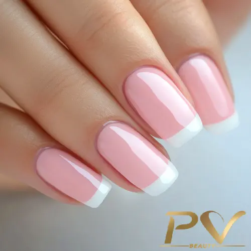 Unhas bem cuidadas com esmalte rosa claro e pontas brancas em estilo francesinha.