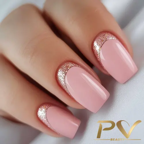 Unhas decoradas com esmalte rosa e glitter dourado nas pontas, em fundo branco.