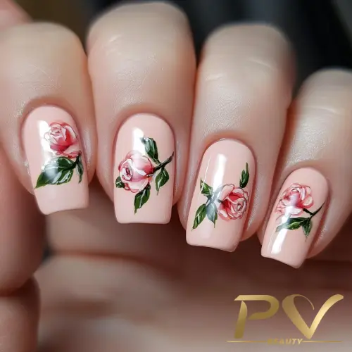 Unhas decoradas com esmalte rosa claro e desenhos de flores delicadas em tons de rosa e verde.