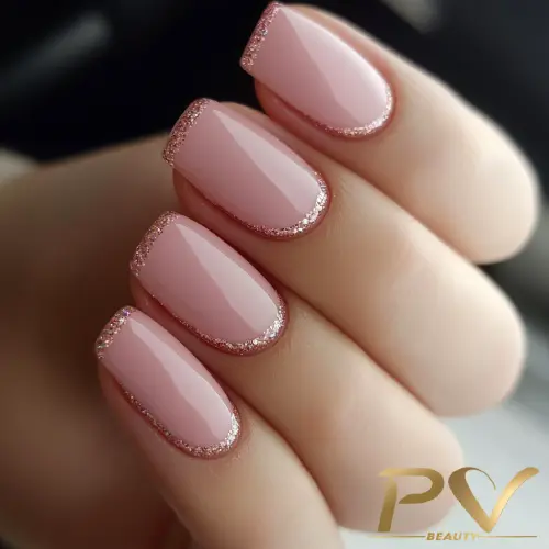 Unhas pintadas de rosa claro com bordas de glitter dourado.