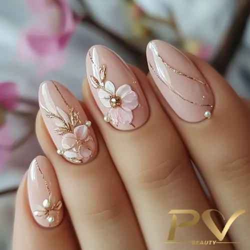 Unhas decoradas com esmalte nude e detalhes de flores brancas e douradas.