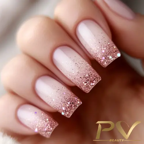 Unhas quadradas com esmalte rosa claro e glitter nas pontas.