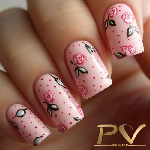 Unhas com esmalte rosa claro, decoradas com flores pequenas e pontos vermelhos.