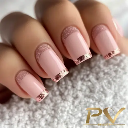 Unhas pintadas em tom rosa claro com pontas brilhantes, decoradas com glitter dourado.