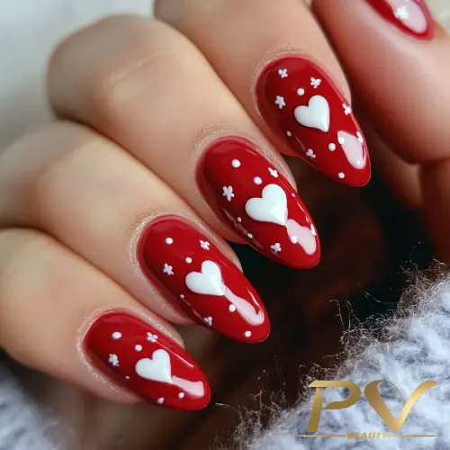 unhas-vinho-coracao-decoradas-pv-beauty-08 Unhas decoradas com esmalte vermelho e desenhos de corações brancos.