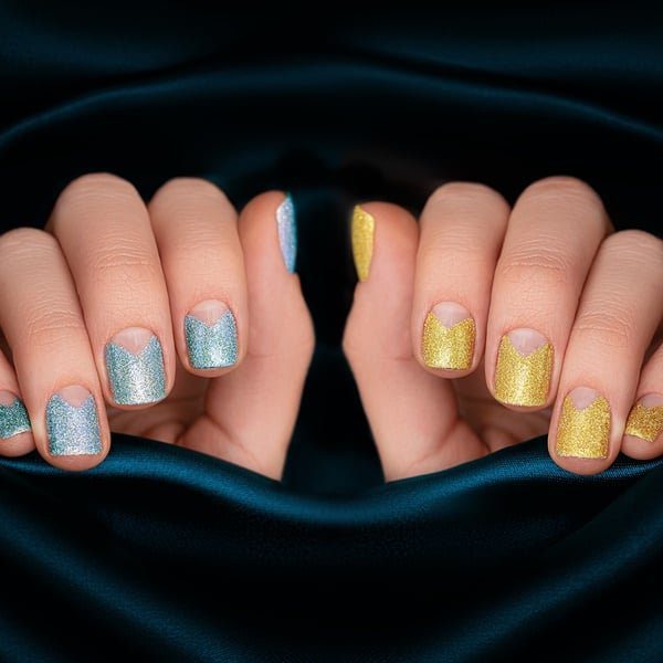 Mãos com unhas com meia lua de glitter.